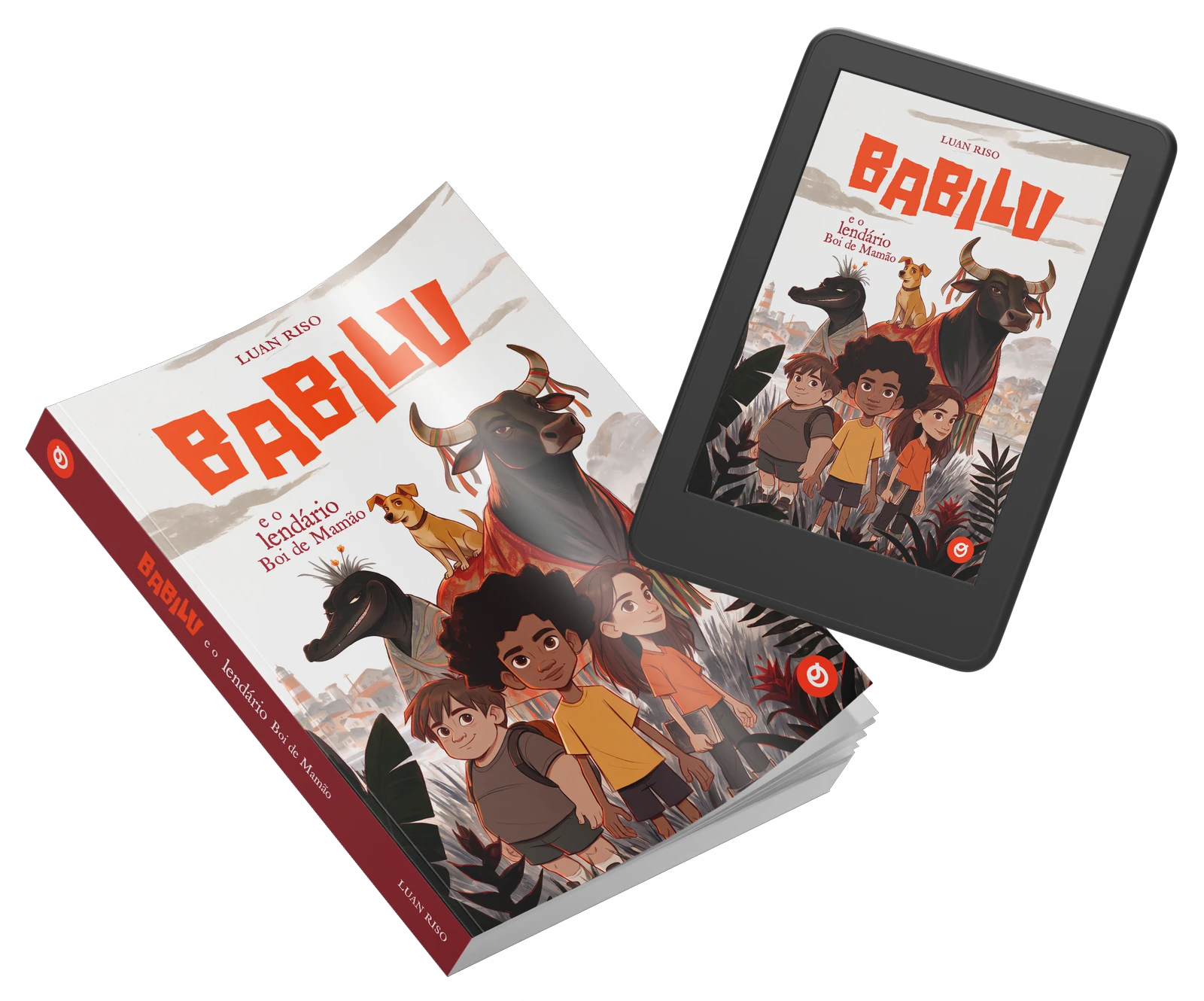 Capa do livro Babilu e o Lendário Boi de Mamão, no livro impresso e no leitor digital: três crianças, uma cadela caramelo, a Bernunça e o Boi de Mamão diante de uma vila de pescadores.
