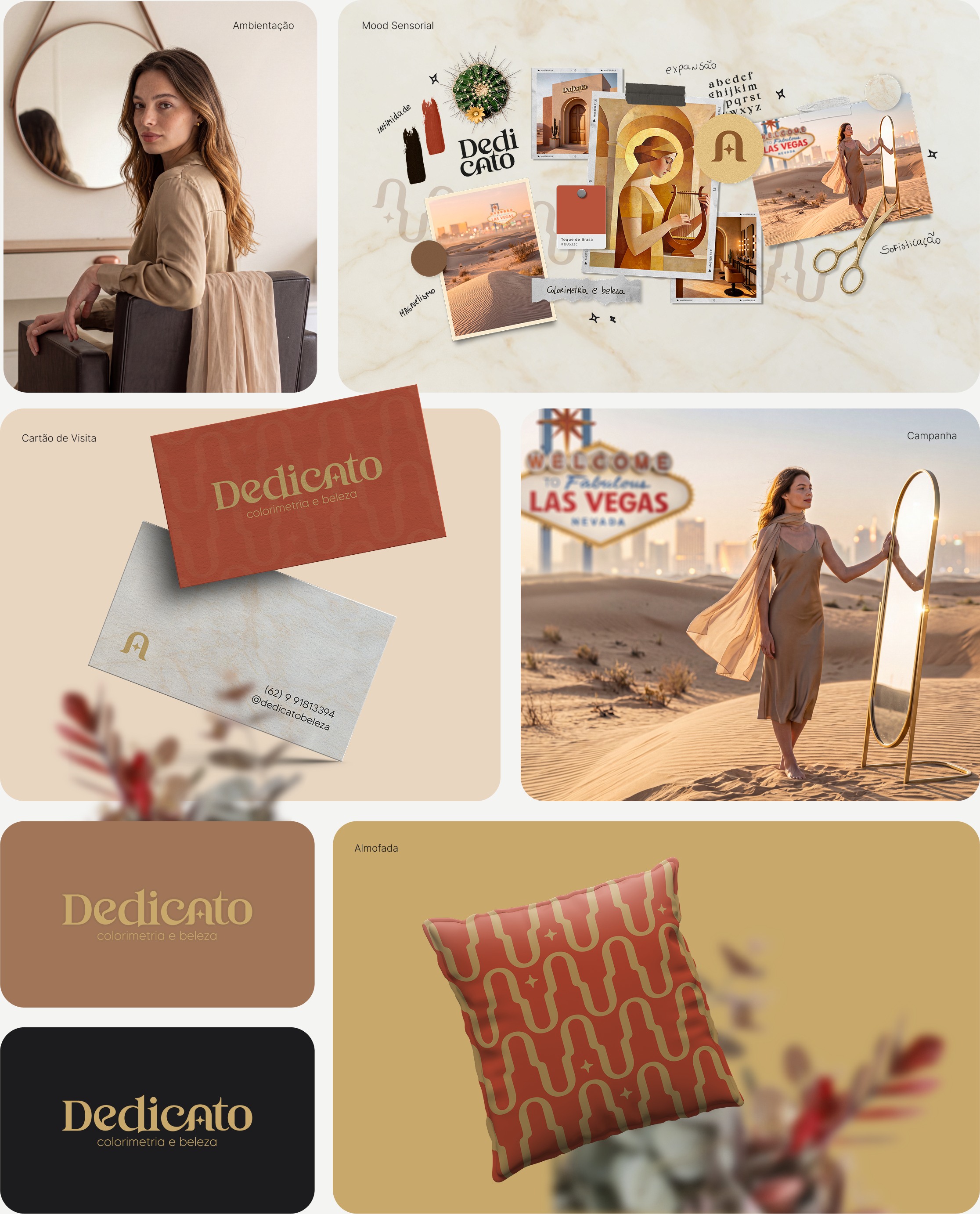 Aplicações da Dedicato: campanha no deserto com espelho oval, mood sensorial, cartões de visita, assinaturas em terra e preto e almofada com o pattern de portais