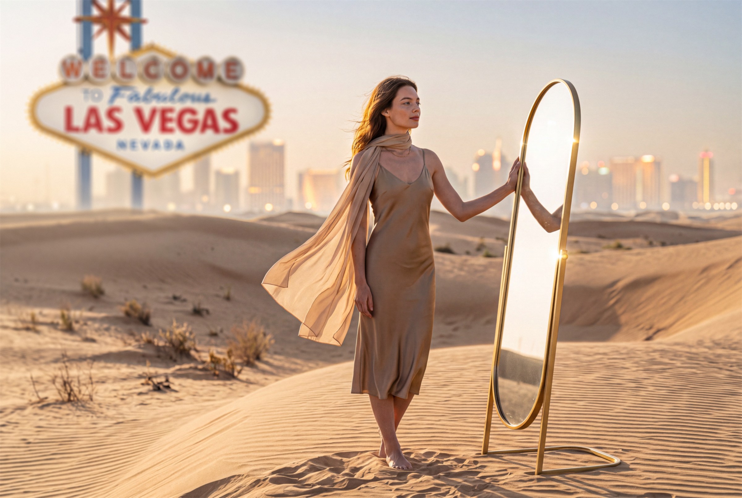 Mulher de vestido acetinado ao lado do espelho oval dourado nas dunas, com o letreiro de Las Vegas ao fundo