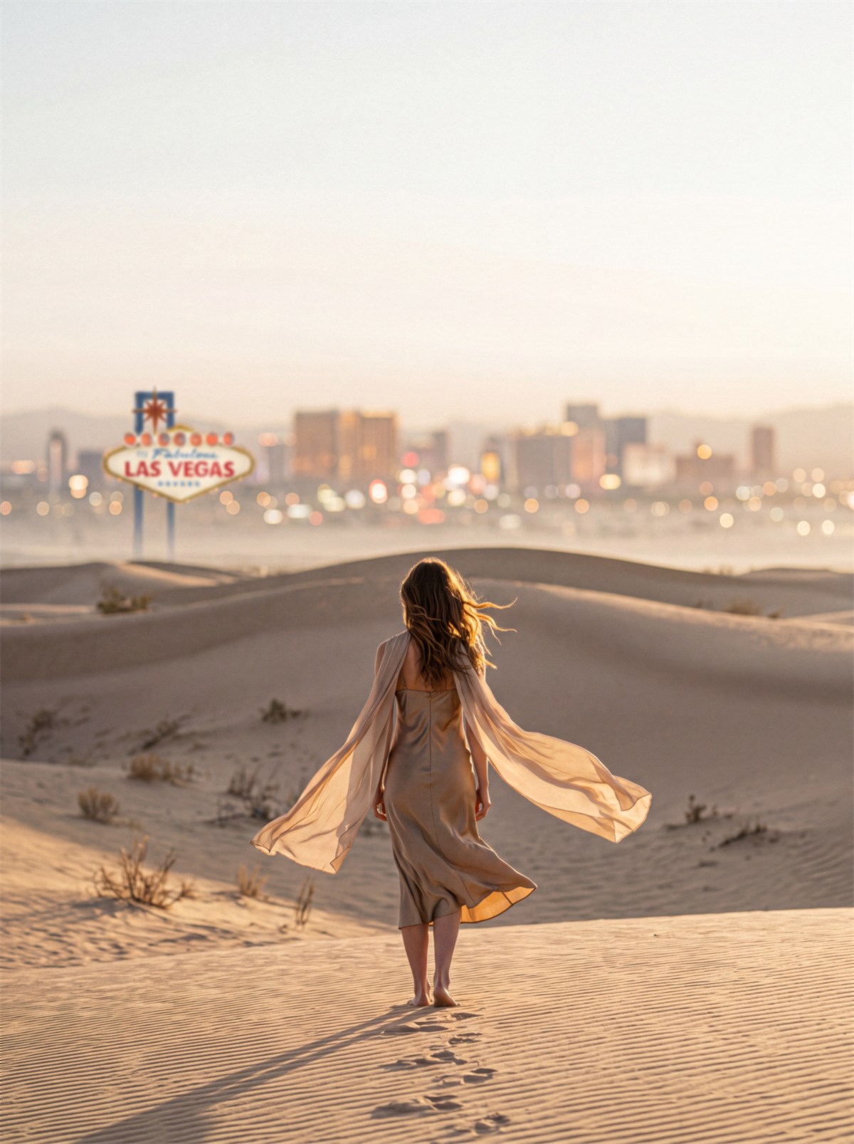 Mulher caminhando nas dunas em direção a Las Vegas, com o lenço ao vento