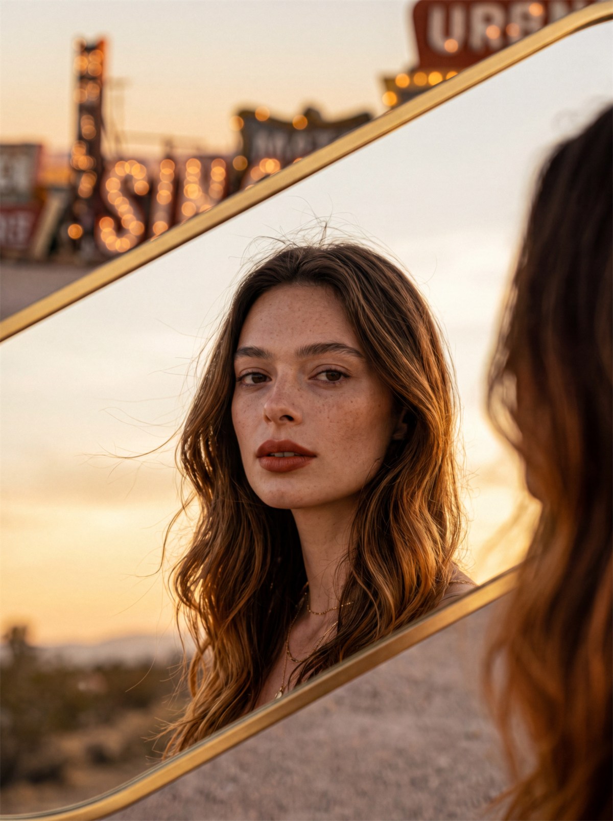 Rosto da mulher refletido no espelho dourado, com letreiros de Las Vegas ao fundo