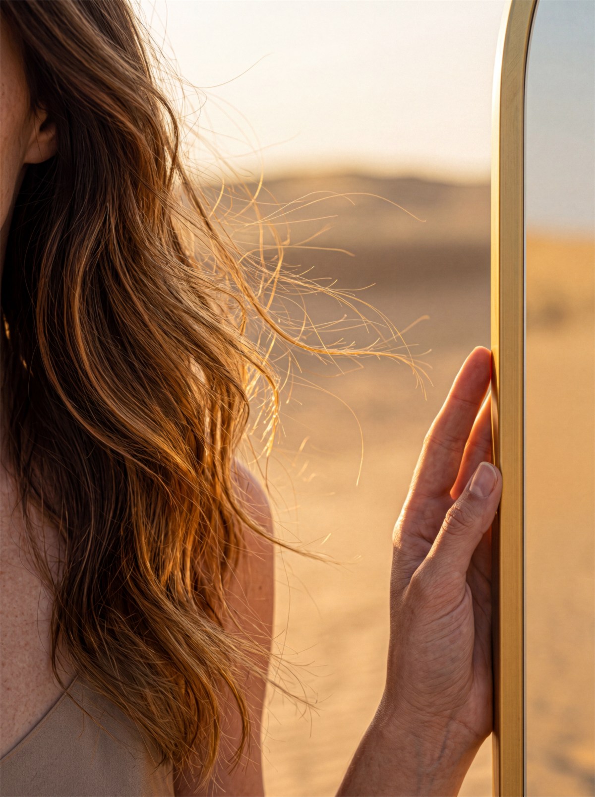 Detalhe do cabelo ao vento e da mão segurando o espelho dourado