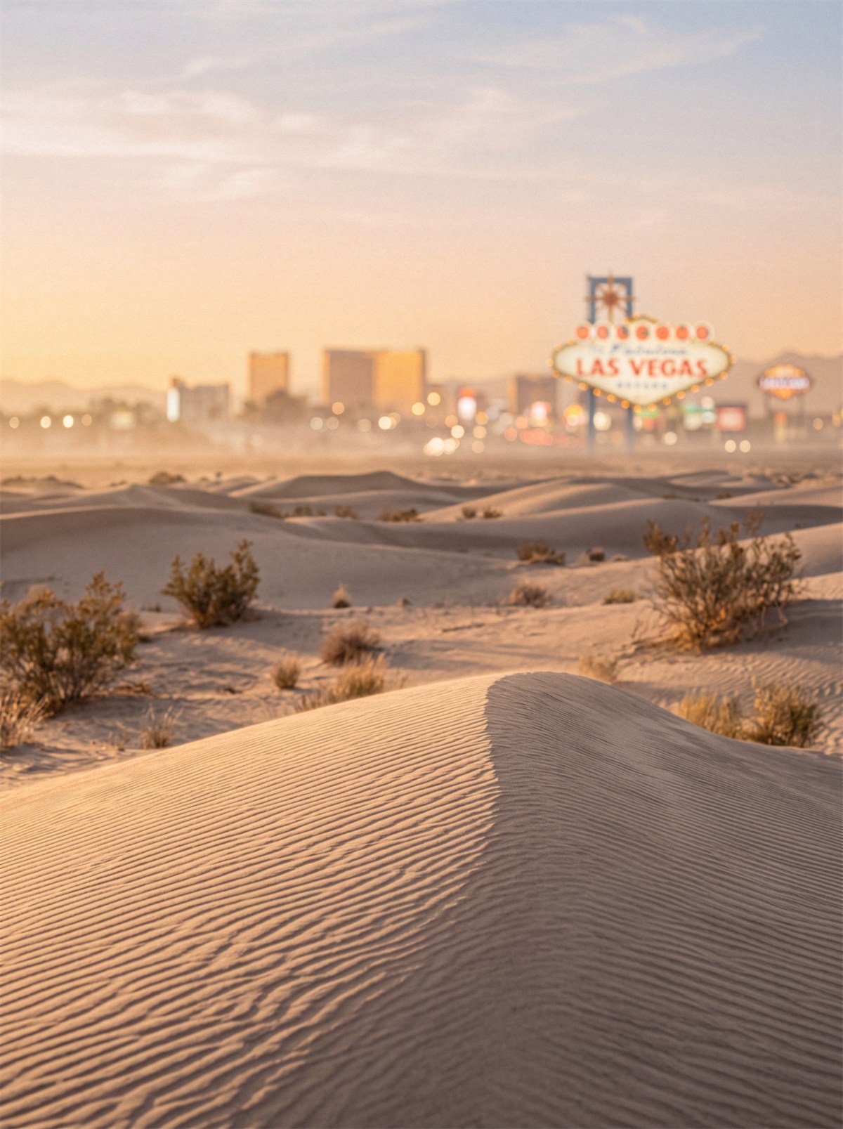 Dunas douradas com o letreiro e a silhueta de Las Vegas no horizonte