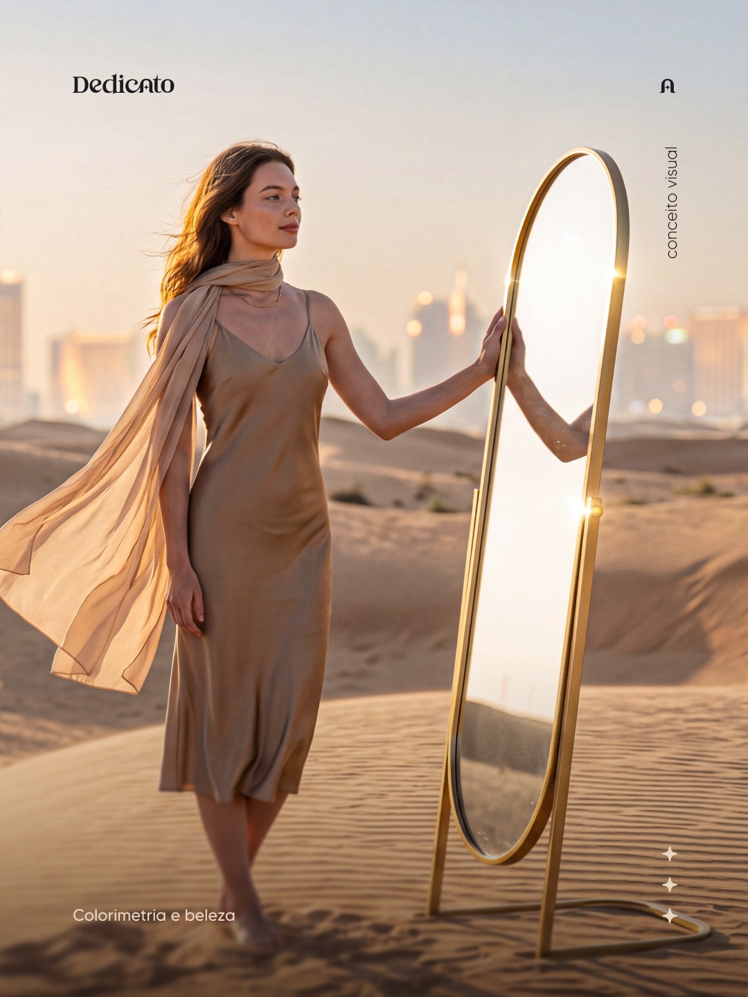 Post da campanha: mulher ao lado do espelho oval dourado no deserto, com Las Vegas ao fundo