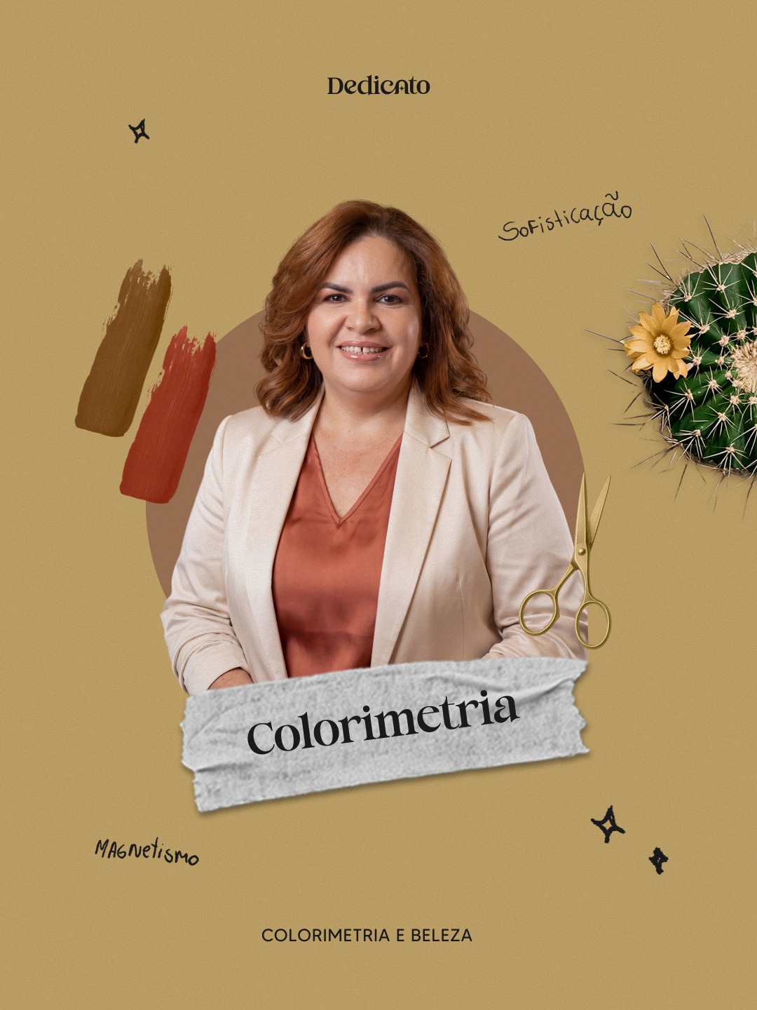 Post de apresentação com retrato e o tema colorimetria, sobre dourado com elementos da marca