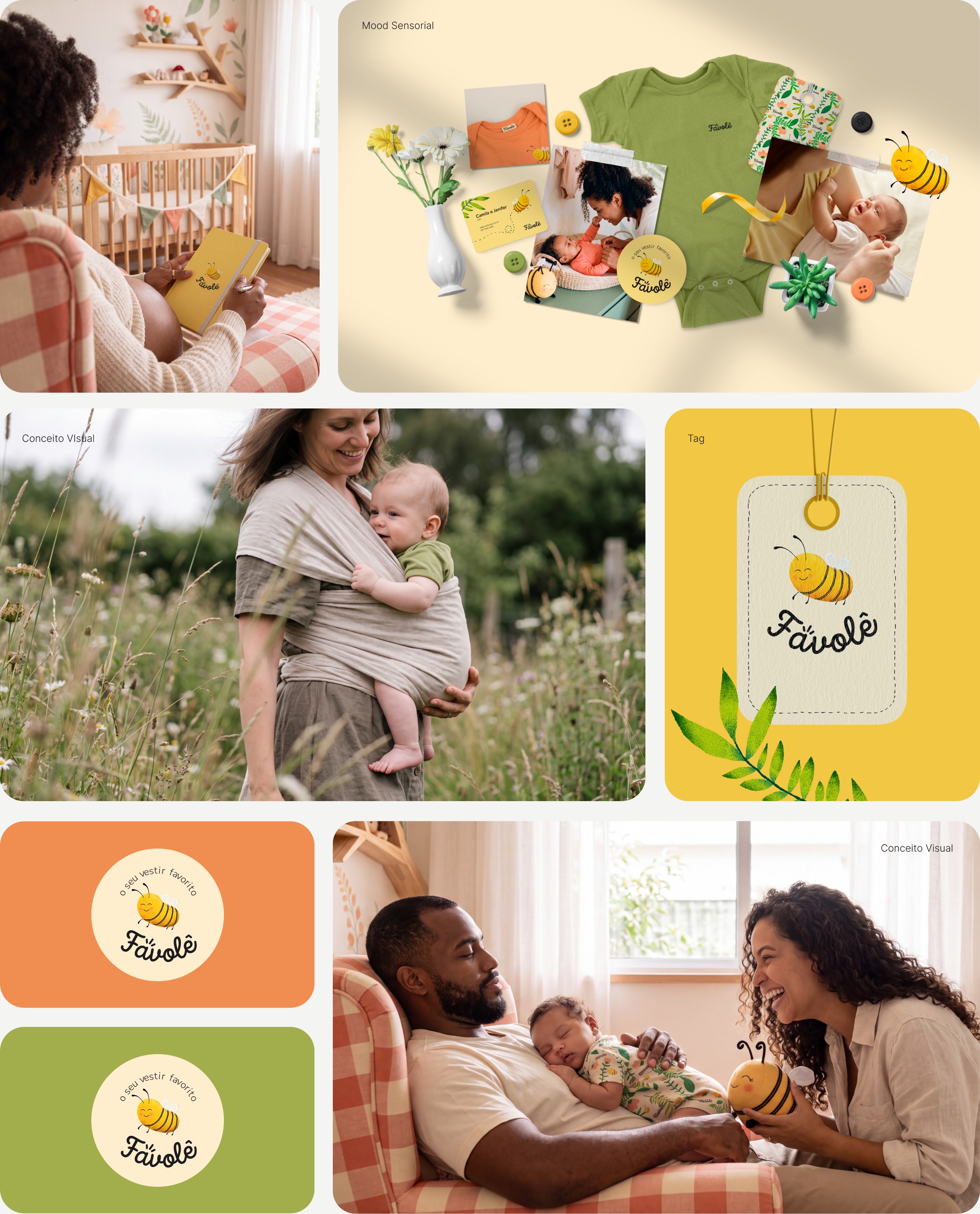 Painel de aplicações Favolê: gestante com a agenda no quarto, mood sensorial com body, cartões e fotos, mãe com o bebê no sling, tag do Lelê, selos coral e verde e família na poltrona xadrez com o Lelê de pelúcia