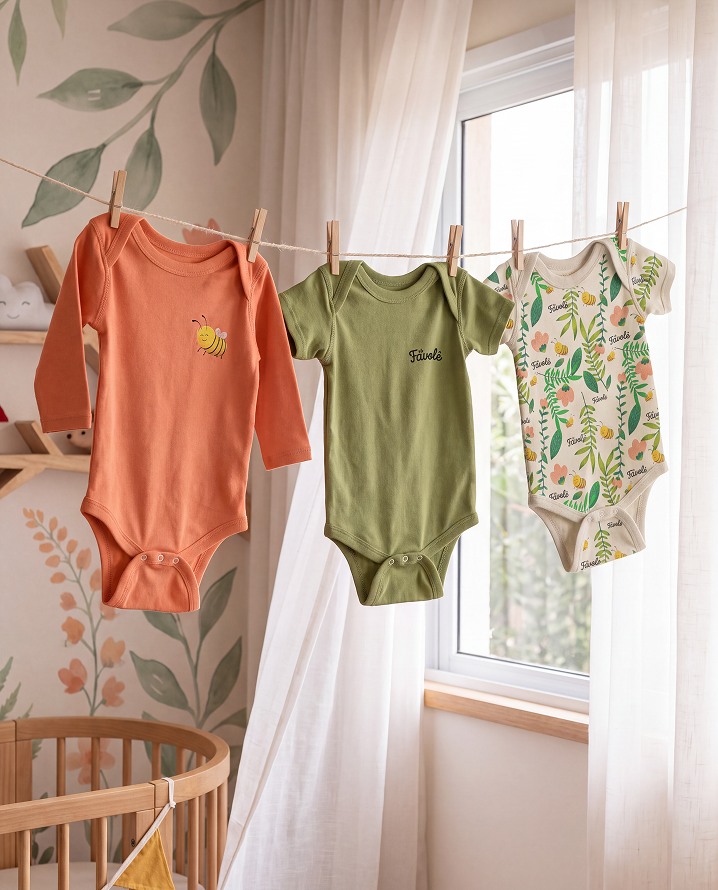 Bodies coral, verde e estampado pendurados num varal de madeira no quarto