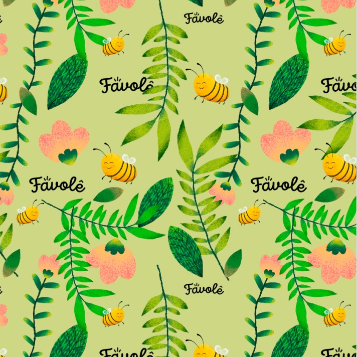 Estampa Favolê com folhas, flores, o Lelê e o logo sobre fundo verde Jardim