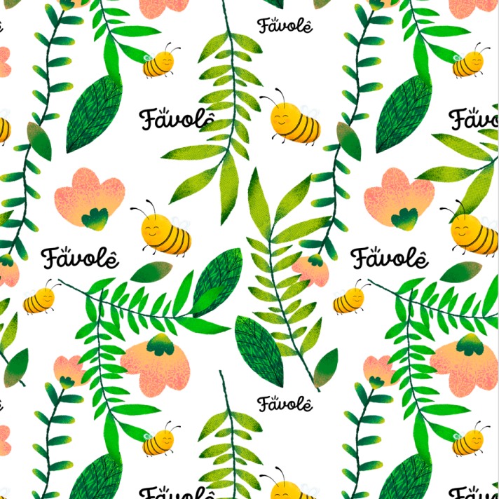 Estampa Favolê com folhas, flores, o Lelê e o logo sobre fundo branco