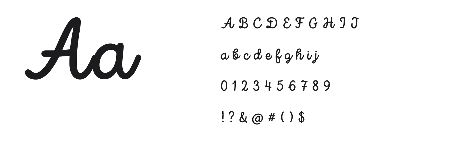 Mostruário da fonte Intro Script: Aa, letras, números e símbolos