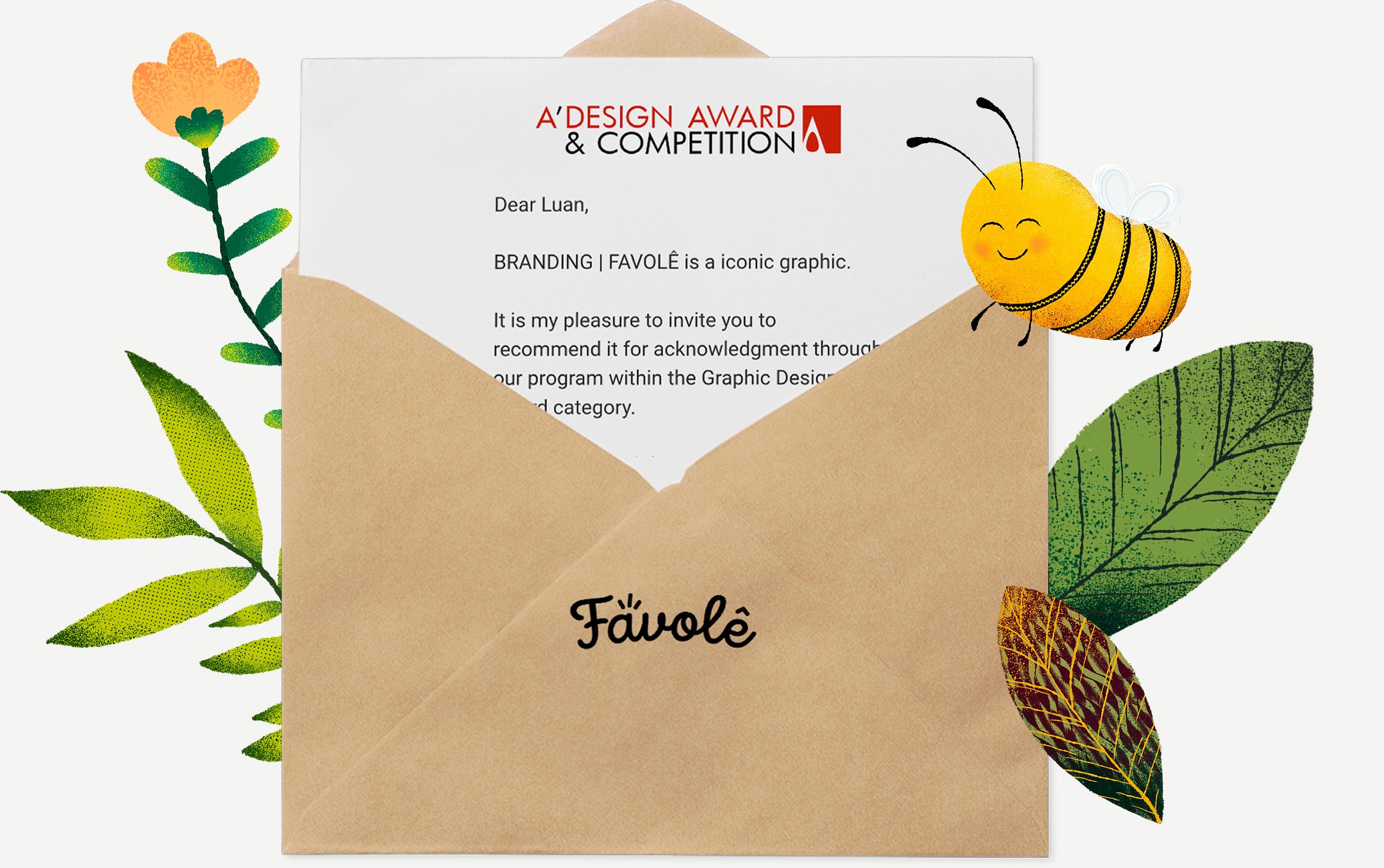 Carta do A'Design Award & Competition convidando o branding da Favolê para a categoria de design gráfico, saindo de um envelope kraft com o Lelê