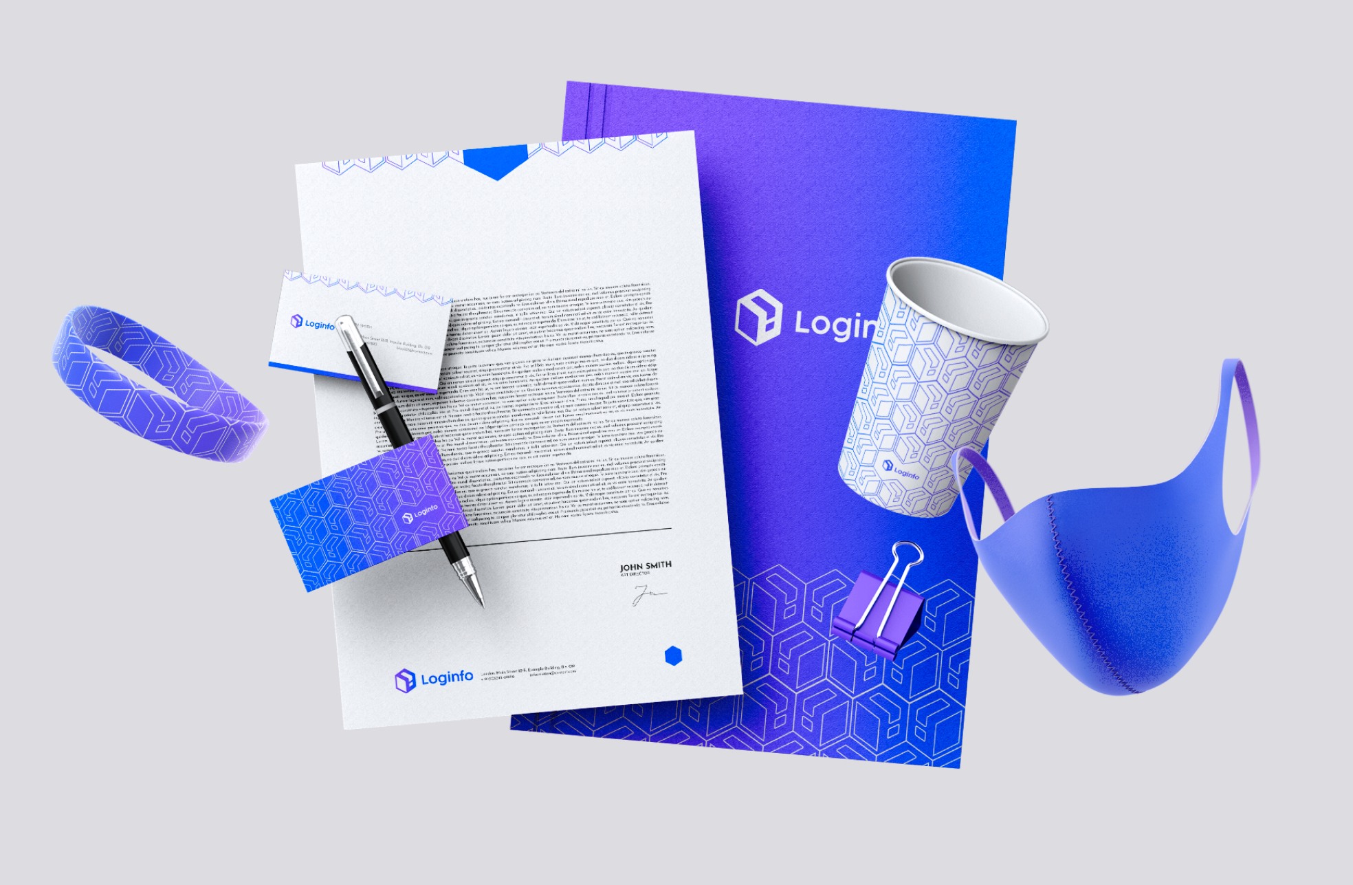 Papelaria, copo, pulseira e máscara com a textura da Loginfo