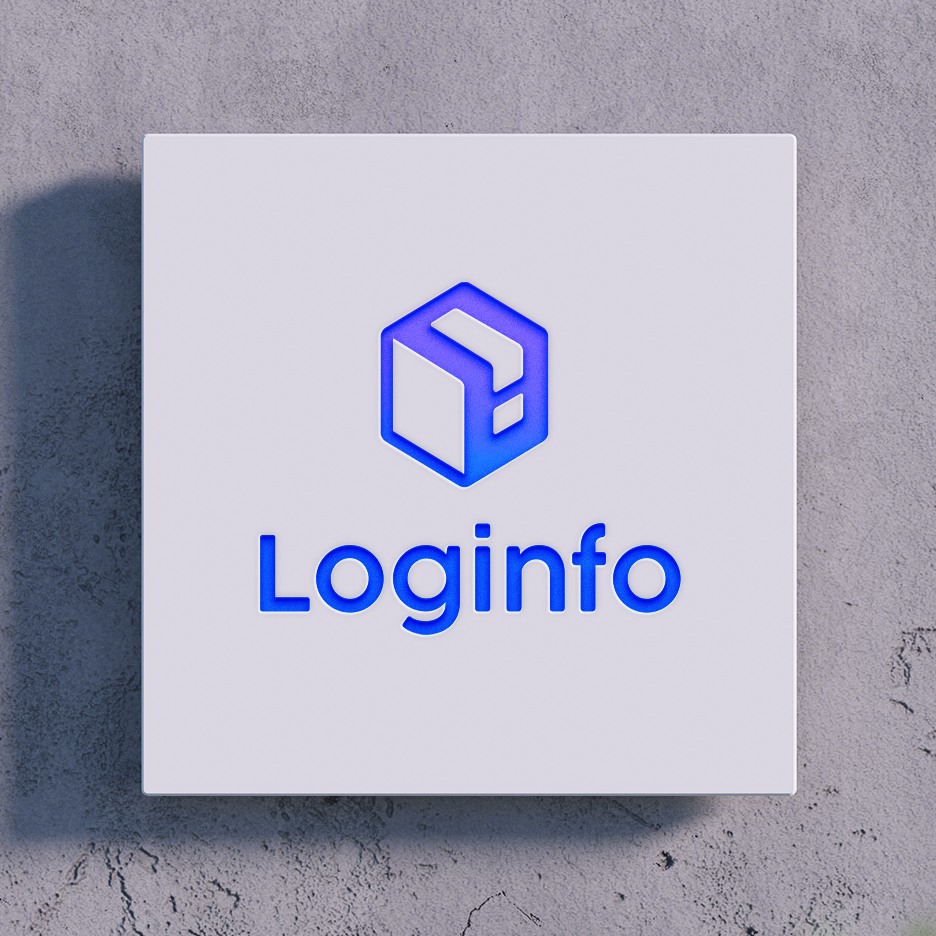 Placa com a marca Loginfo em parede de concreto