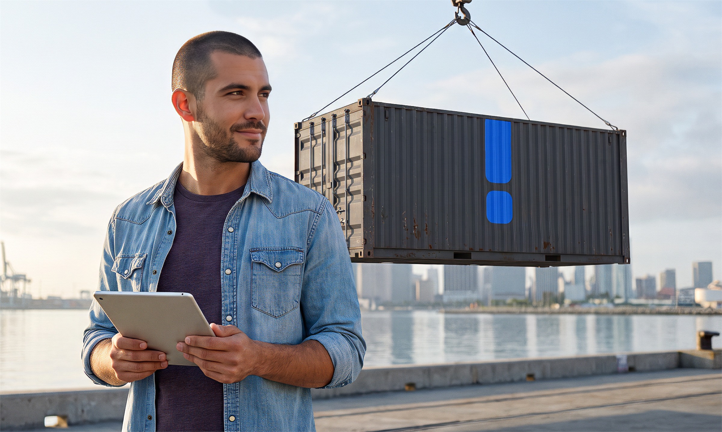 Profissional com tablet no píer do porto olhando um contêiner içado com a marca da Loginfo