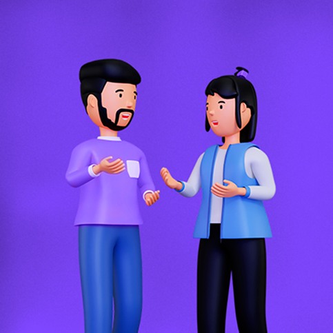 Capa de destaque do Instagram: Dois personagens 3D conversando sobre roxo