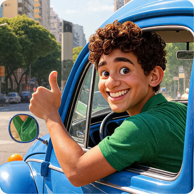 Personagem da campanha MEI no Verde no fusca azul