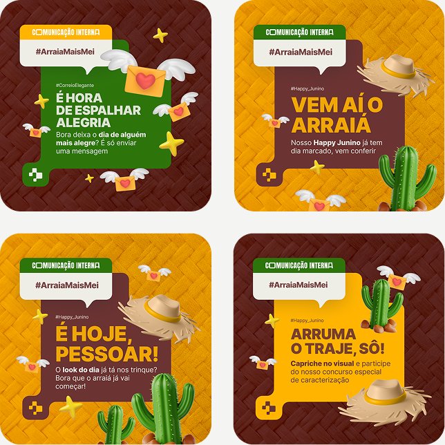 Posts de comunicação interna do Arraiá MaisMei