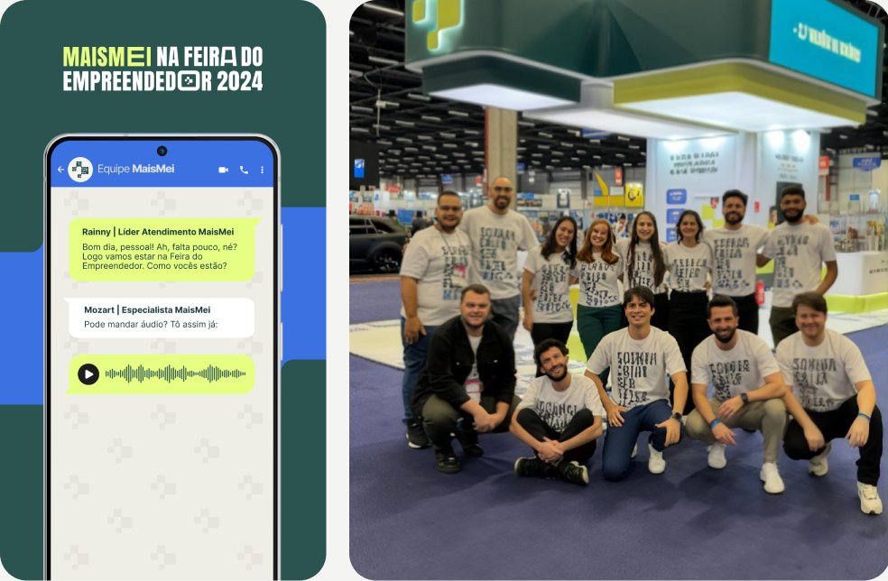 Convite no WhatsApp e equipe MaisMei no estande da feira