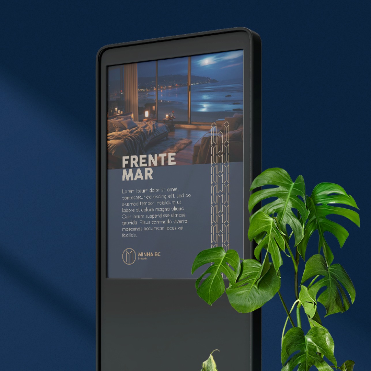 Totem digital com anúncio de imóvel frente mar e o padrão dos prédios