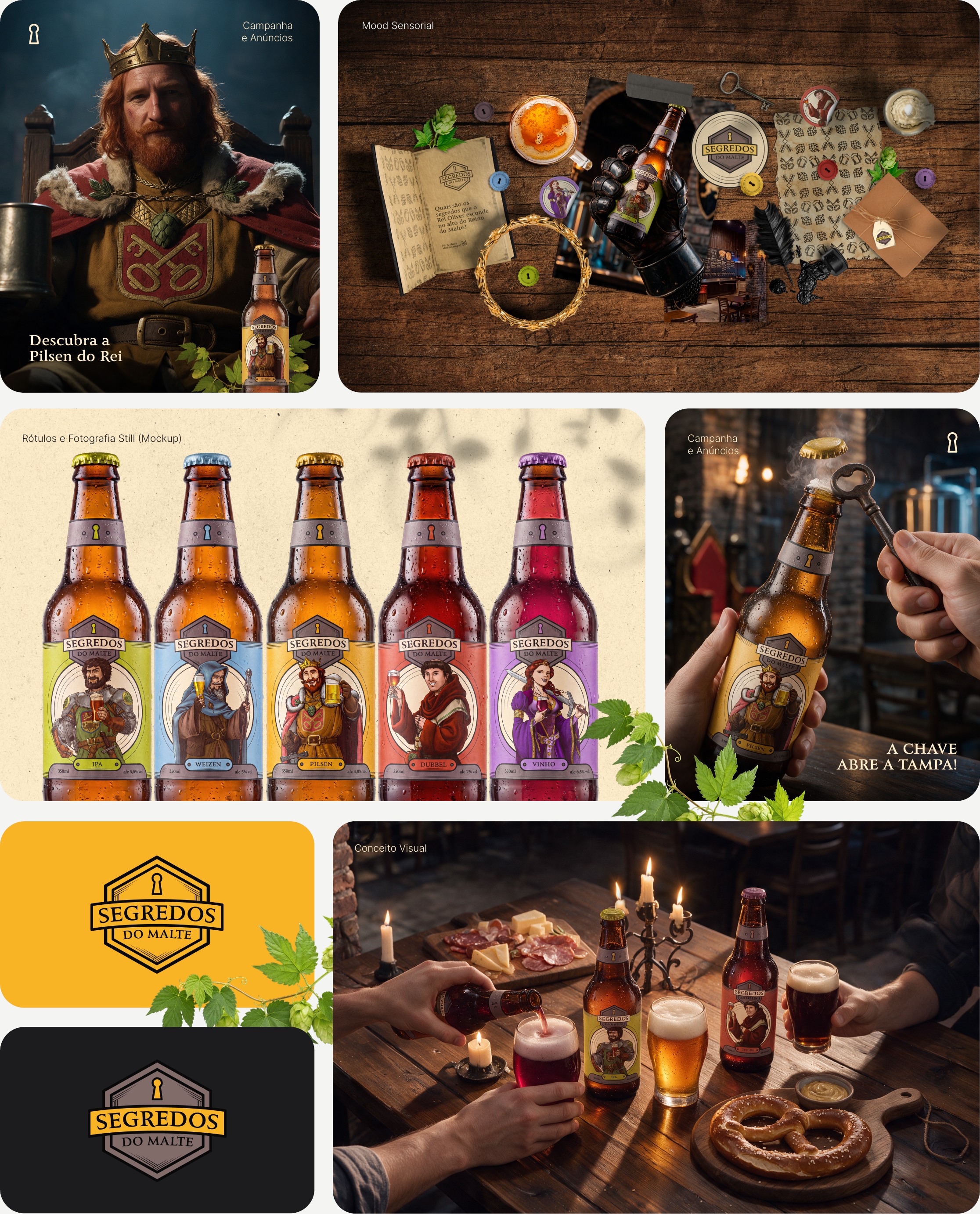 Quadro de aplicações: campanha com o Rei Oliver, mood sensorial sobre madeira, fotografia still das cinco garrafas, anúncio A chave abre a tampa, os brasões e a mesa do pub