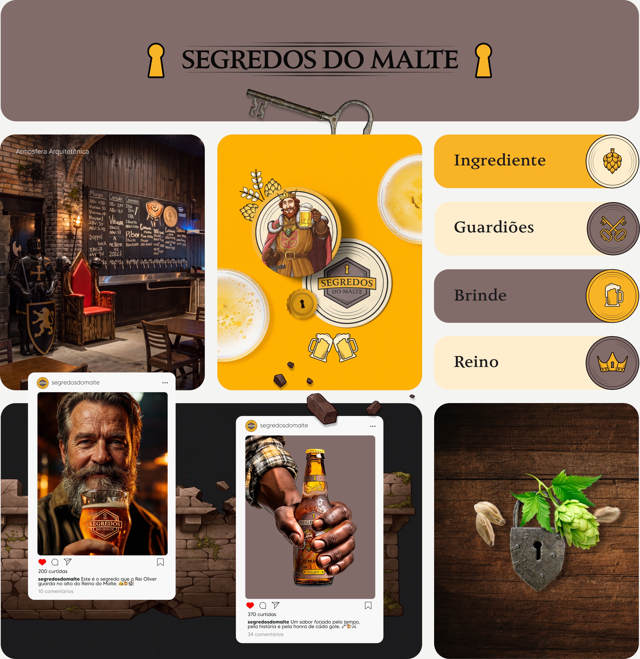 Quadro de aplicações: assinatura horizontal com fechaduras e chave, o pub com armadura e trono, bolachas do Rei Oliver, etiquetas com os ícones, posts do Instagram e o cadeado com lúpulo
