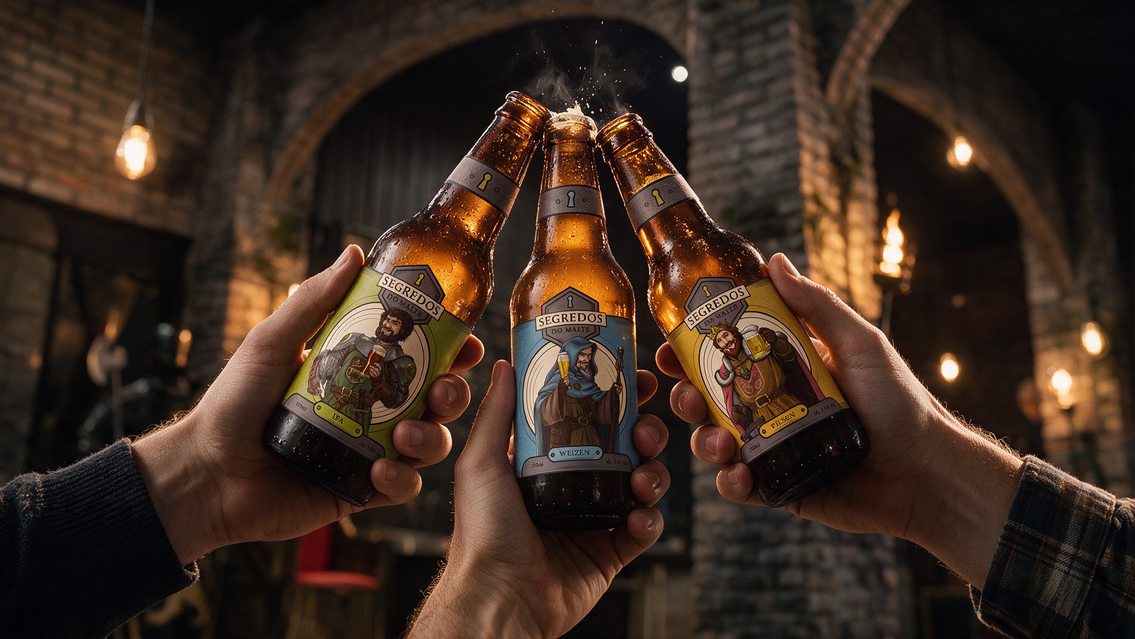Três mãos brindando com as garrafas IPA, Weizen e Pilsen no pub de tijolo, com espuma saltando dos gargalos