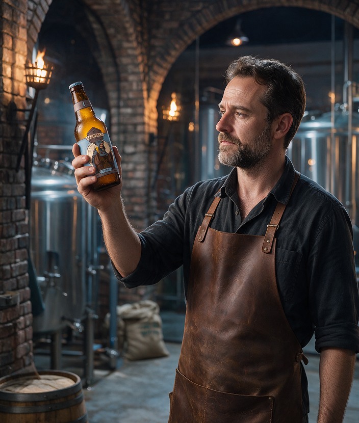Cervejeiro de avental de couro erguendo a Weizen contra a luz, com os tanques de inox ao fundo