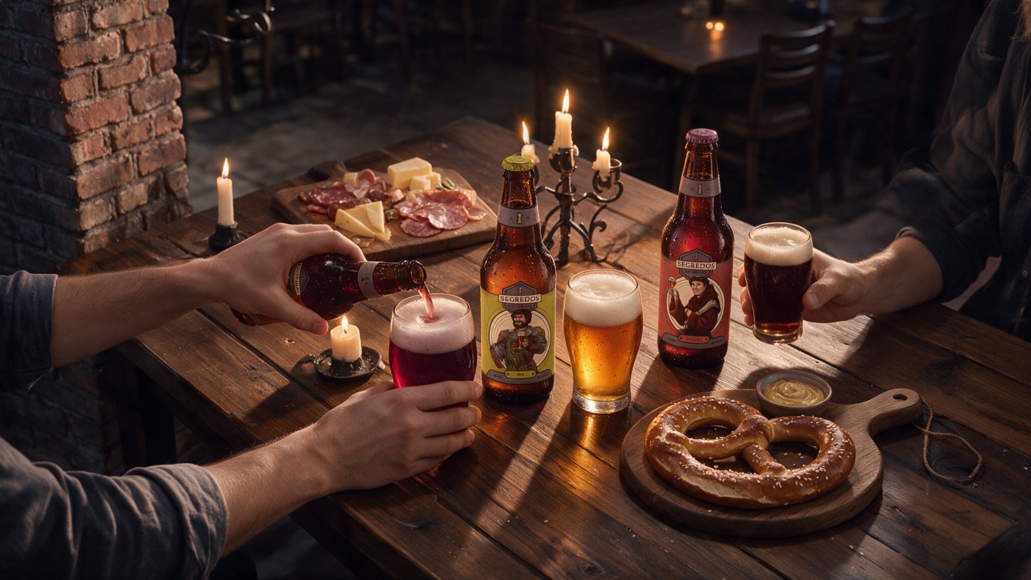 Mesa de madeira com tábua de frios, pretzel, velas e as garrafas Vinho, IPA e Dubbel ao lado dos copos servidos