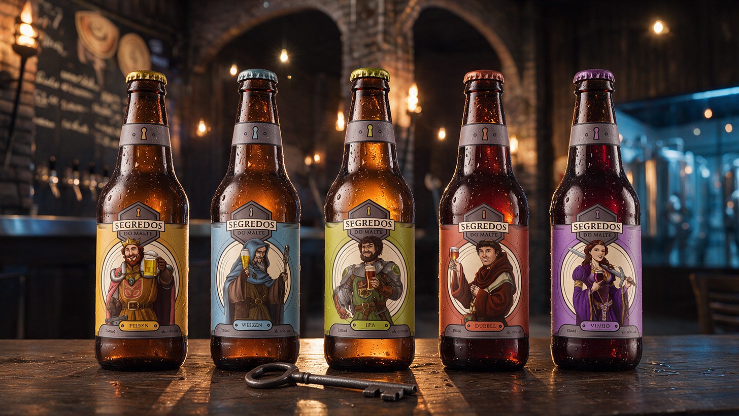 As cinco garrafas Pilsen, Weizen, IPA, Dubbel e Vinho alinhadas no balcão do pub, com uma chave antiga à frente