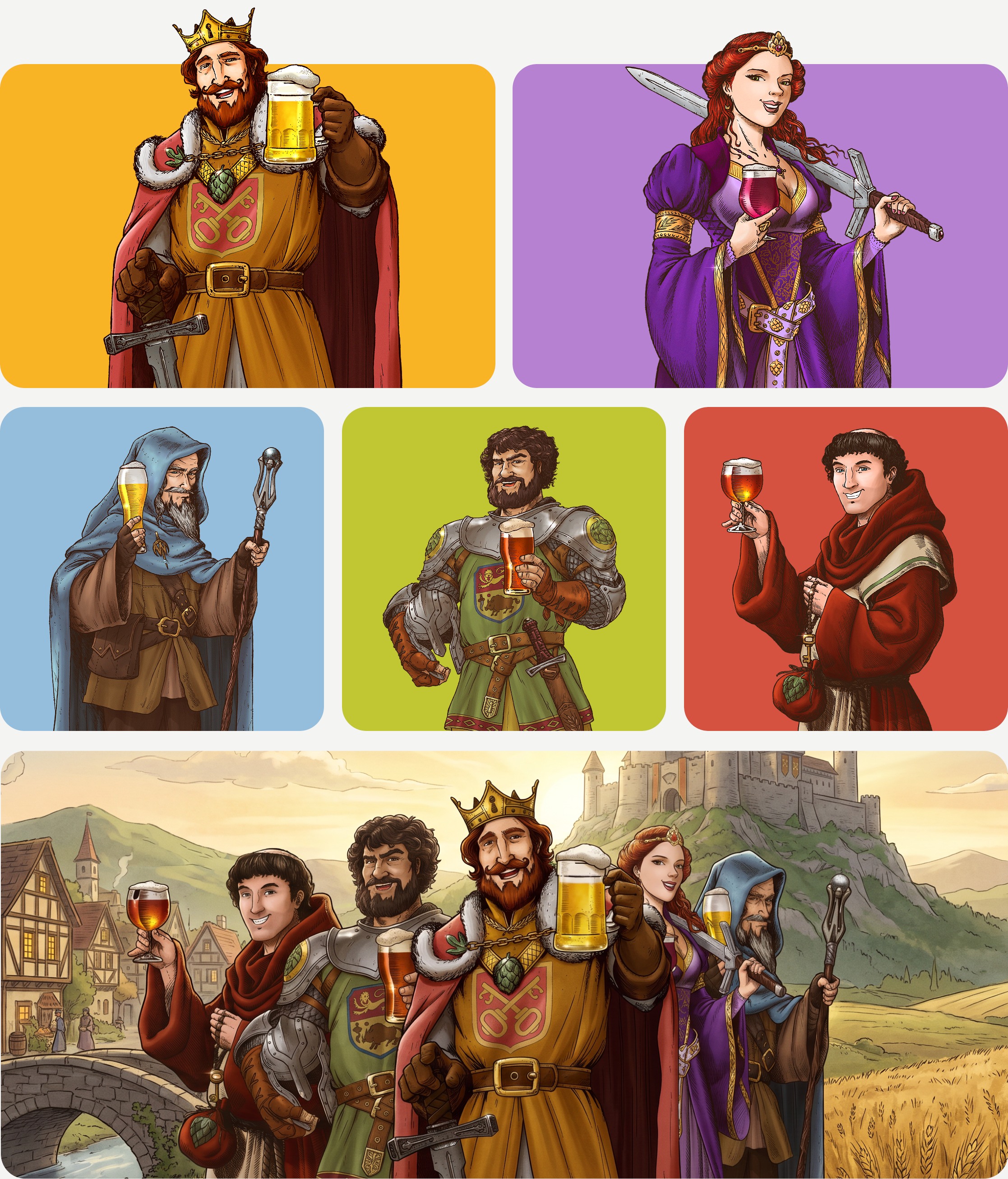Os cinco guardiões do Reino do Malte: o Rei Oliver no amarelo, a Princesa Violetta no lilás, o Conselheiro no azul, o Guerreiro Stannis no verde e o Monge no vermelho, e os cinco juntos diante do castelo e da vila