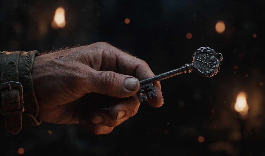 Mão calejada com bracelete de couro segurando uma chave antiga de ferro, com tochas desfocadas ao fundo