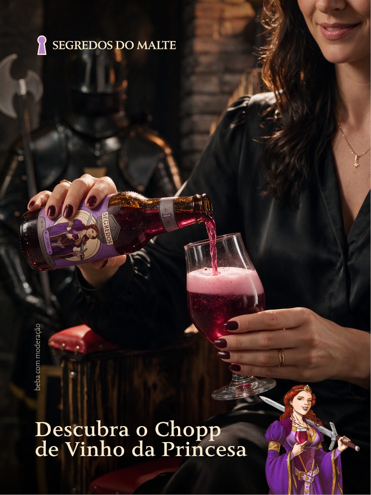 Post Descubra o Chopp de Vinho da Princesa: mulher servindo a Vinho na taça, com a Princesa Violetta