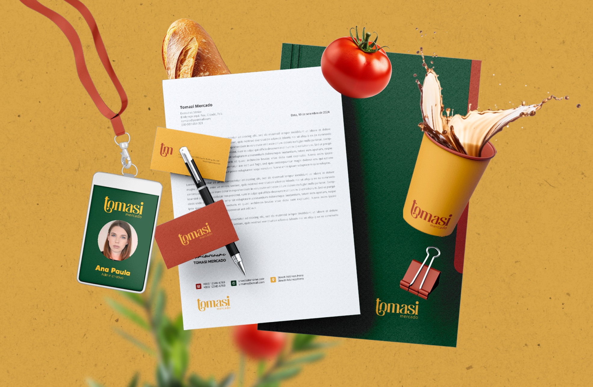 Papelaria, crachá, cartões e copo do Tomasi Mercado