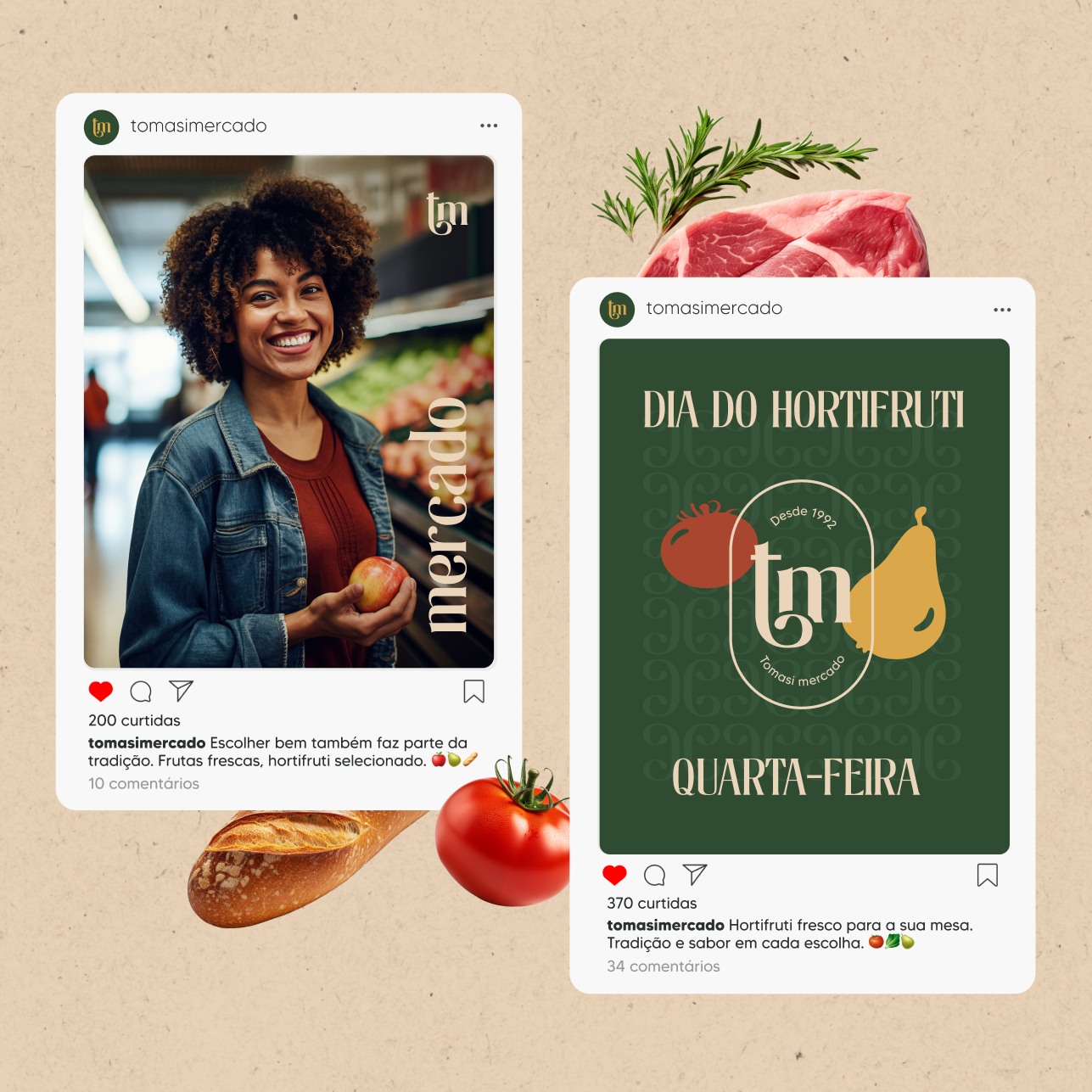 Posts do Instagram do Tomasi: cliente com fruta e Dia do Hortifrúti