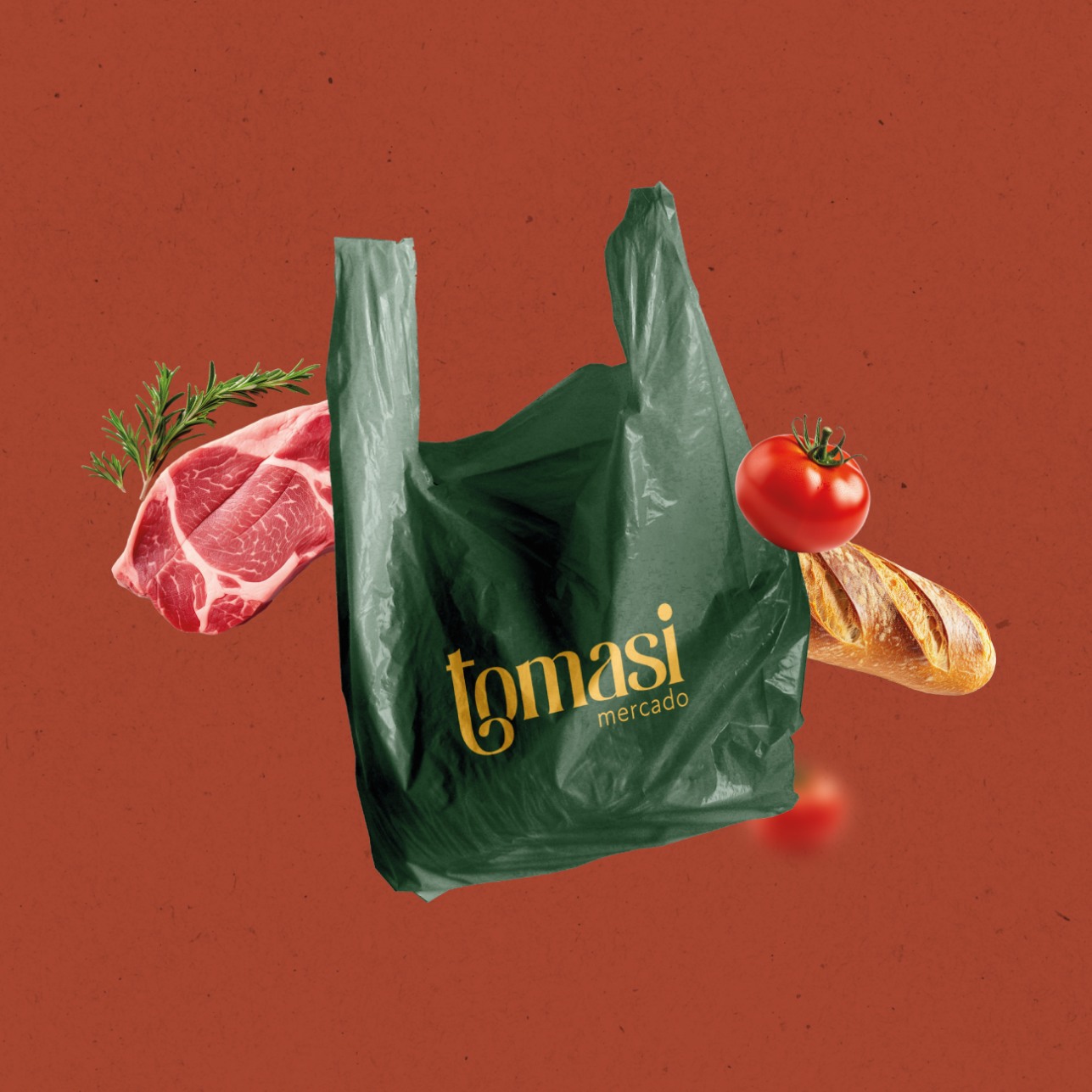 Sacola verde do Tomasi Mercado com carne, pão e tomate