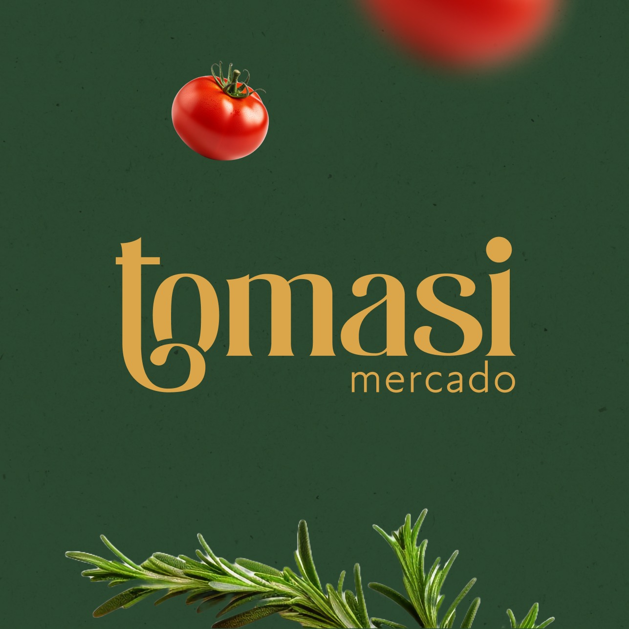 Logo Tomasi Mercado em amarelo sobre verde, com tomate e alecrim
