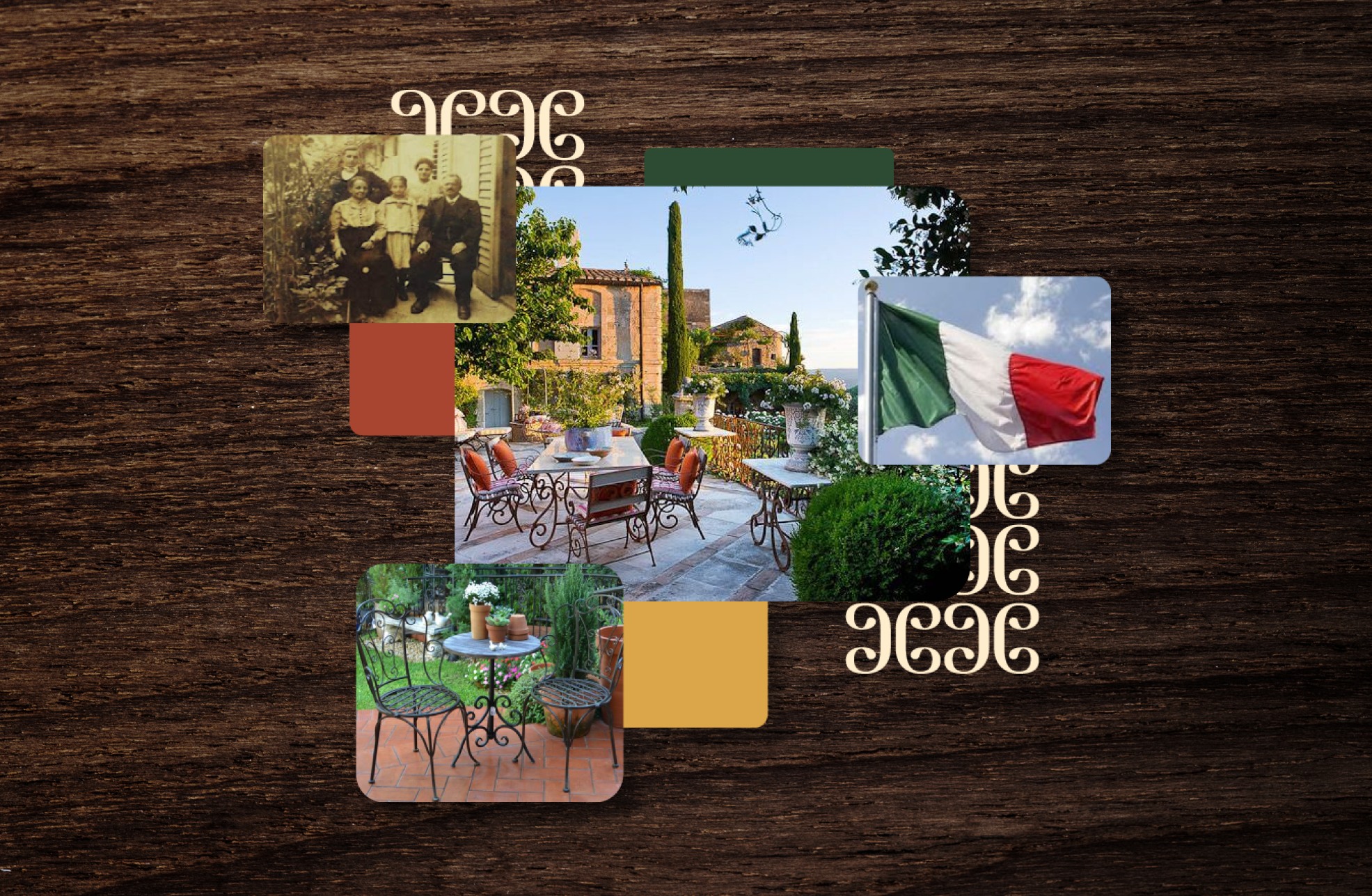 Moodboard com foto antiga da família, terraço italiano, bandeira da Itália e o ornamento da marca